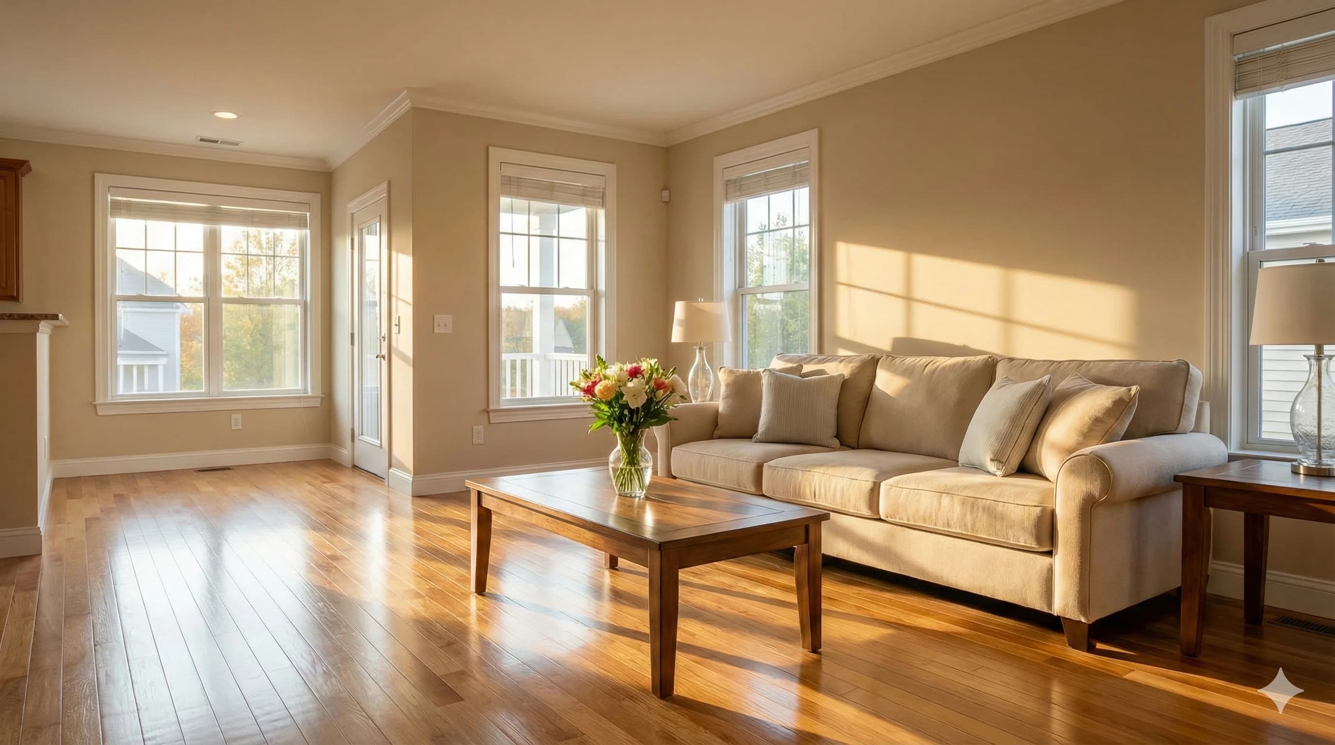 Bright living room with gleaming hardwood floors
